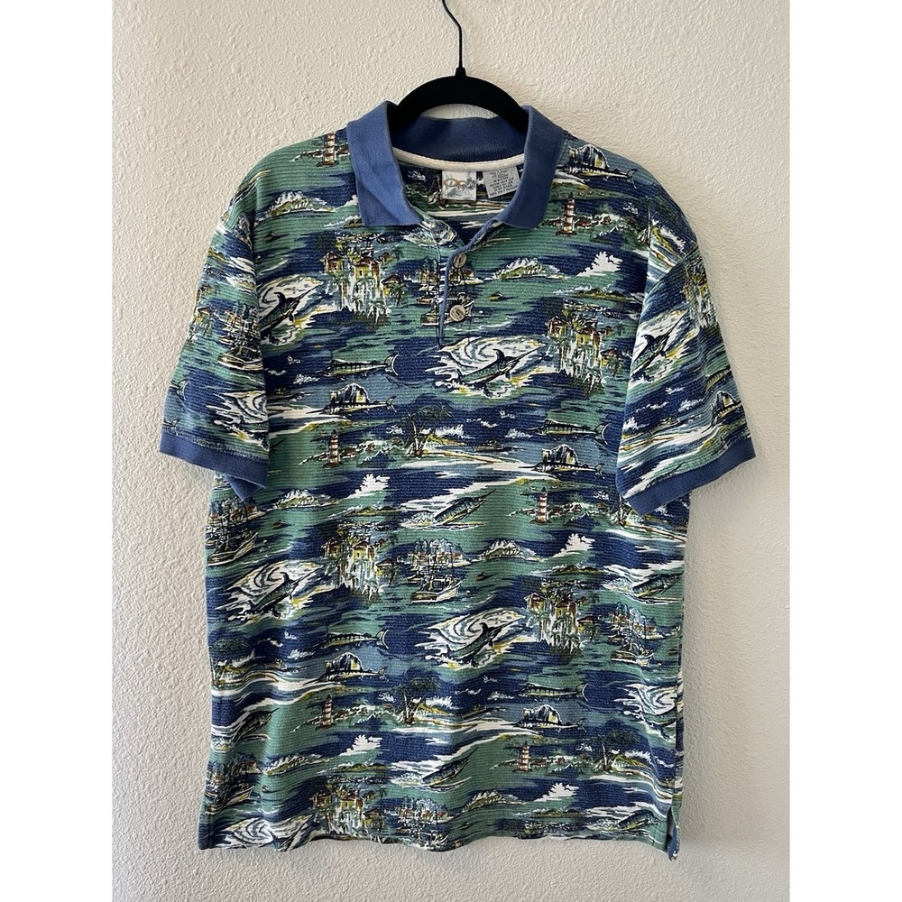 Vintage OP Sport Mens Polo Shirt Small Cotton Short Sleeve Hawaii Fishing AOP